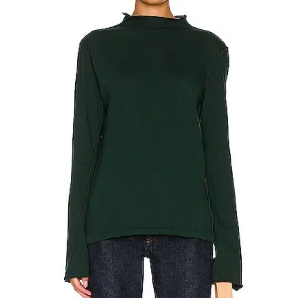 Bassike Mock Neck Long Sleeve Tee Green Organic Cotton Lettuce Trim Sz. XS